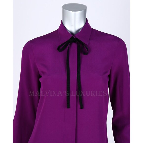 GUCCI SHIRT SILK CREPE DE CHINE BLOUSE VIOLET TOP REMOVABLE BOW - Picture 3 of 10